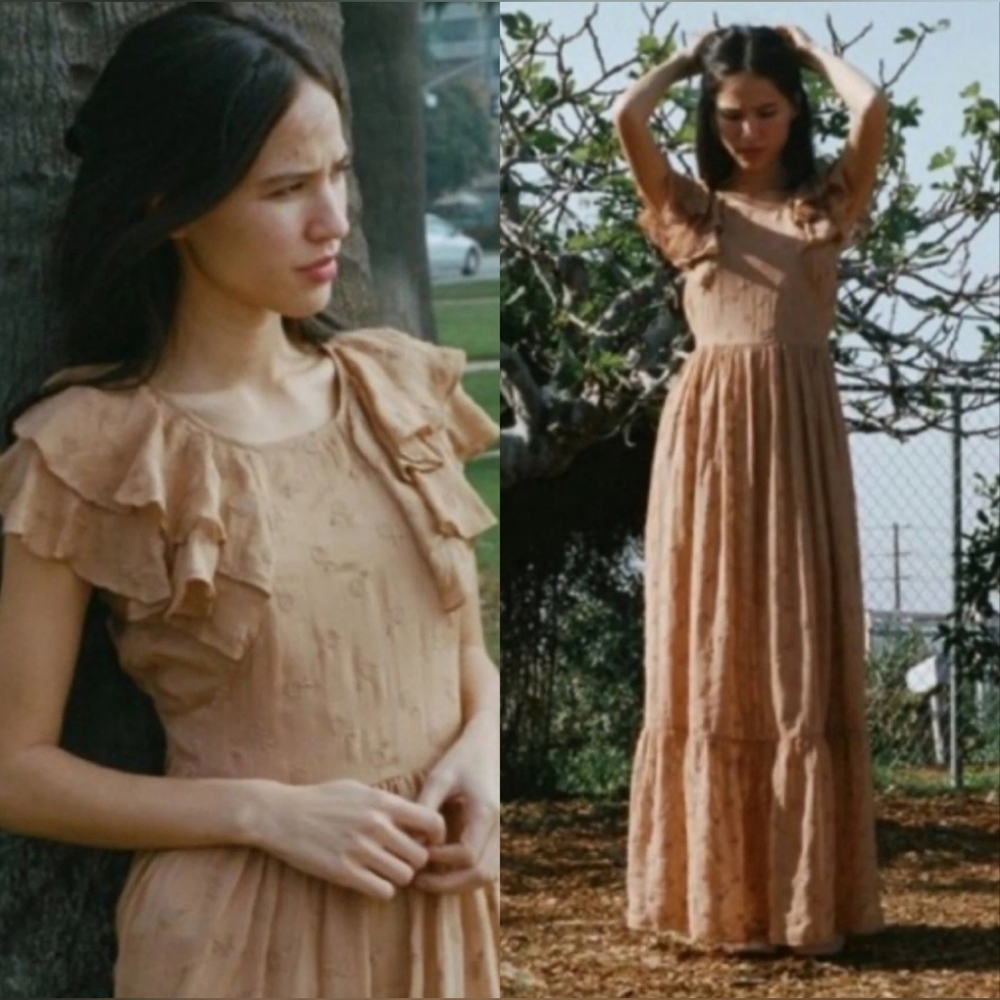Doen Flora Embroidered Ruffle Maxi Long Dress w/slip Adobe Tan Womens Sz XS